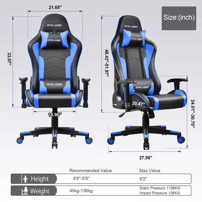 GTRACING Gaming Chair with Bluetooth Speakers High Back PU Office Chair Blue