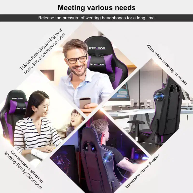 GTRACING Gaming Chair with Bluetooth Speakers High Back PU Office Chair Purple