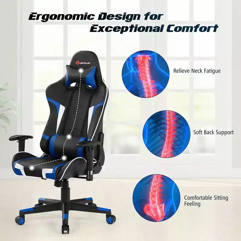 Costway Massage Gaming Chair Reclining Swivel Racing Office Chair w/Lumbar Support White\Blue\Grey\Red