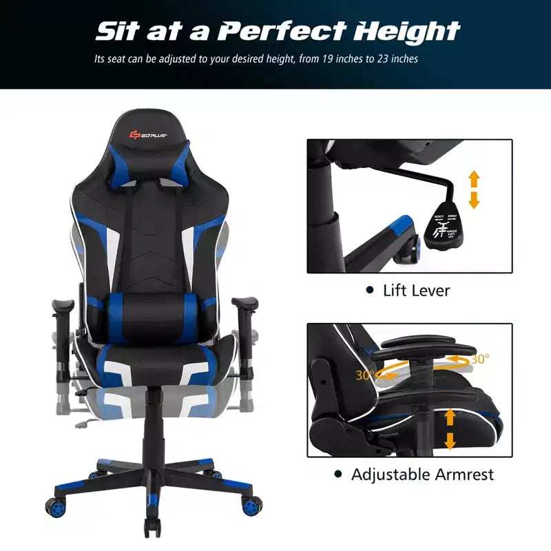 Costway Massage Gaming Chair Reclining Swivel Racing Office Chair w/Lumbar Support White\Blue\Grey\Red