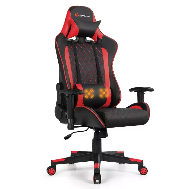 Costway Massage Gaming Chair Reclining Racing Chair w/Lumbar Support and Headrest White/Blue/Pink/Red