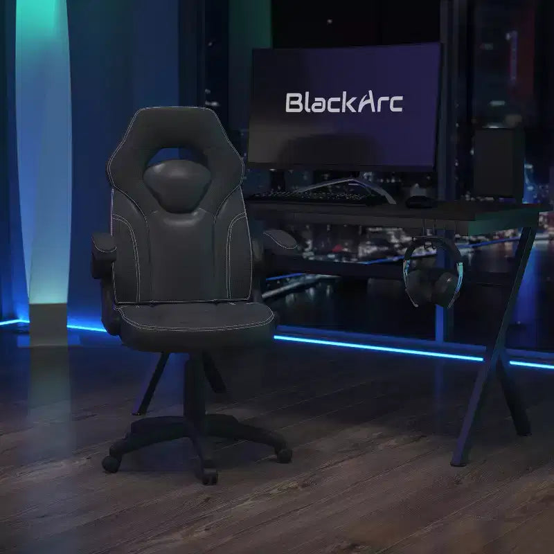 BlackArc High Back Gaming Chair with Faux Leather Upholstery, Height Adjustable Swivel Seat & Padded Flip-Up Arms