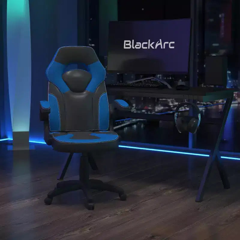 BlackArc High Back Gaming Chair with Faux Leather Upholstery, Height Adjustable Swivel Seat & Padded Flip-Up Arms