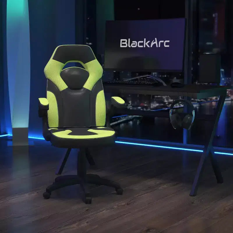 BlackArc High Back Gaming Chair with Faux Leather Upholstery, Height Adjustable Swivel Seat & Padded Flip-Up Arms
