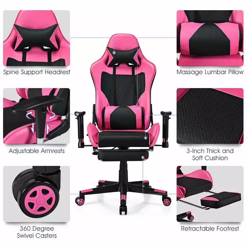 Costway Massage Gaming Chair Reclining Racing Office Computer Chair with Footrest White\Blue\Pink\Red