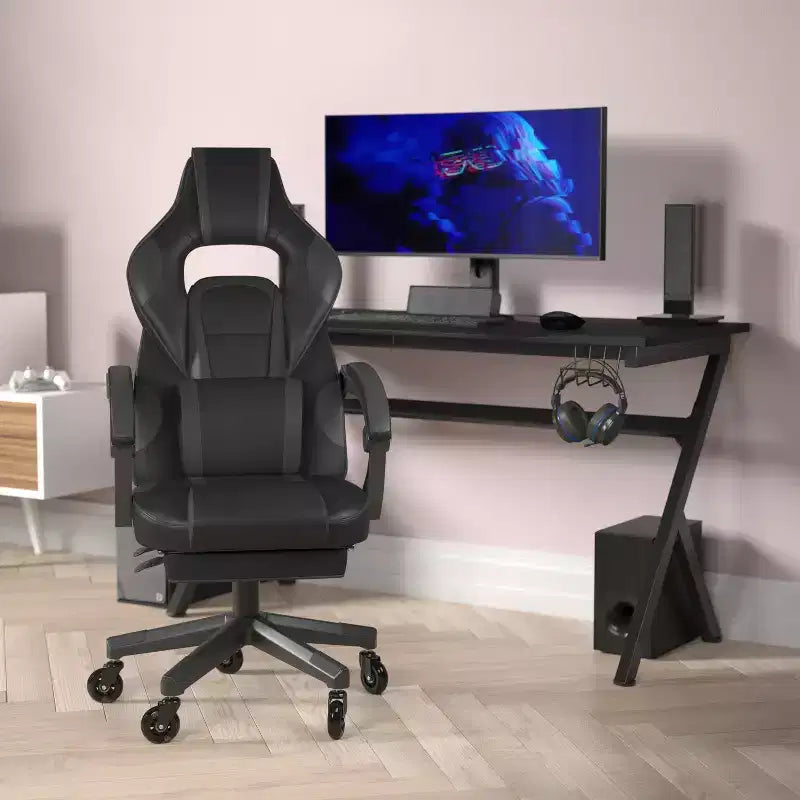 Flash Furniture X40 Gaming Chair Racing Computer Chair with Fully Reclining Back/Arms and Transparent Roller Wheels, Slide-Out Footrest
