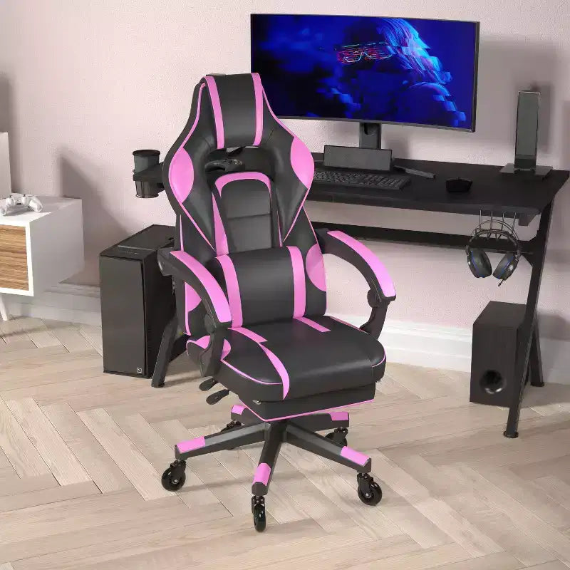 Flash Furniture X40 Gaming Chair Racing Computer Chair with Fully Reclining Back/Arms and Transparent Roller Wheels, Slide-Out Footrest