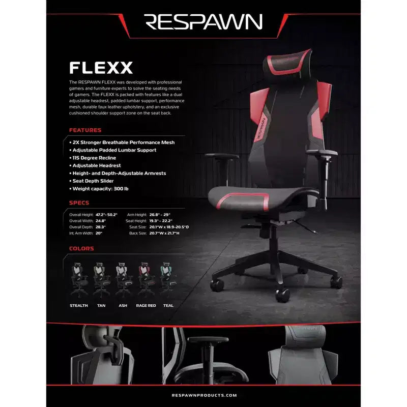 RESPAWN Flexx Mesh Gaming Chair With Lumbar Support and Adjustable Headrest