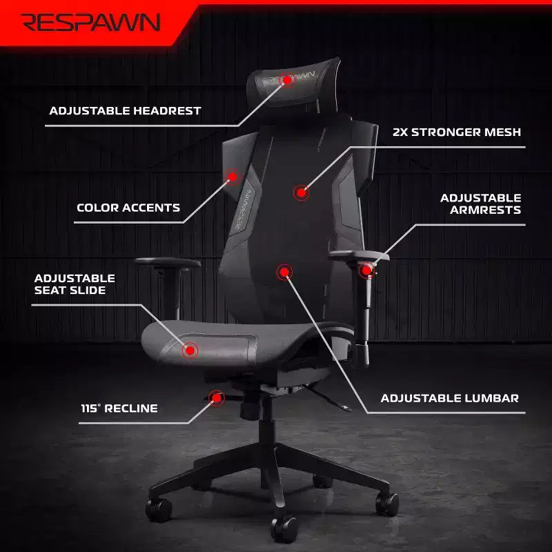 RESPAWN Flexx Mesh Gaming Chair With Lumbar Support and Adjustable Headrest