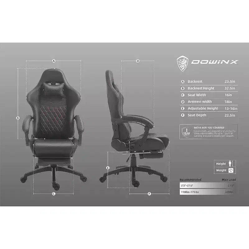 Adjustable Gaming Chair with Massage Lumbar Support and Retractable Footrest - Dowinx