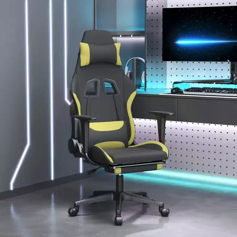 vidaXL Massage Gaming Chair with Footrest, Black and Light Green, Fabric
