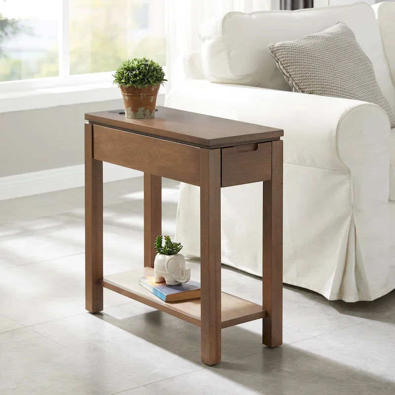 Charging Wood Side Table with Drawer