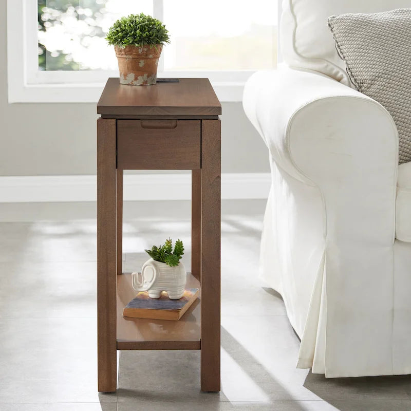 Charging Wood Side Table with Drawer