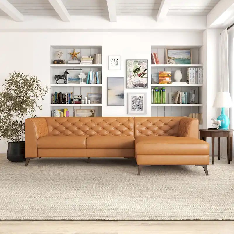 Modern Chesterfield Tufted Living Room Top Leather Corner Sectional Sofa in Cognac Tan