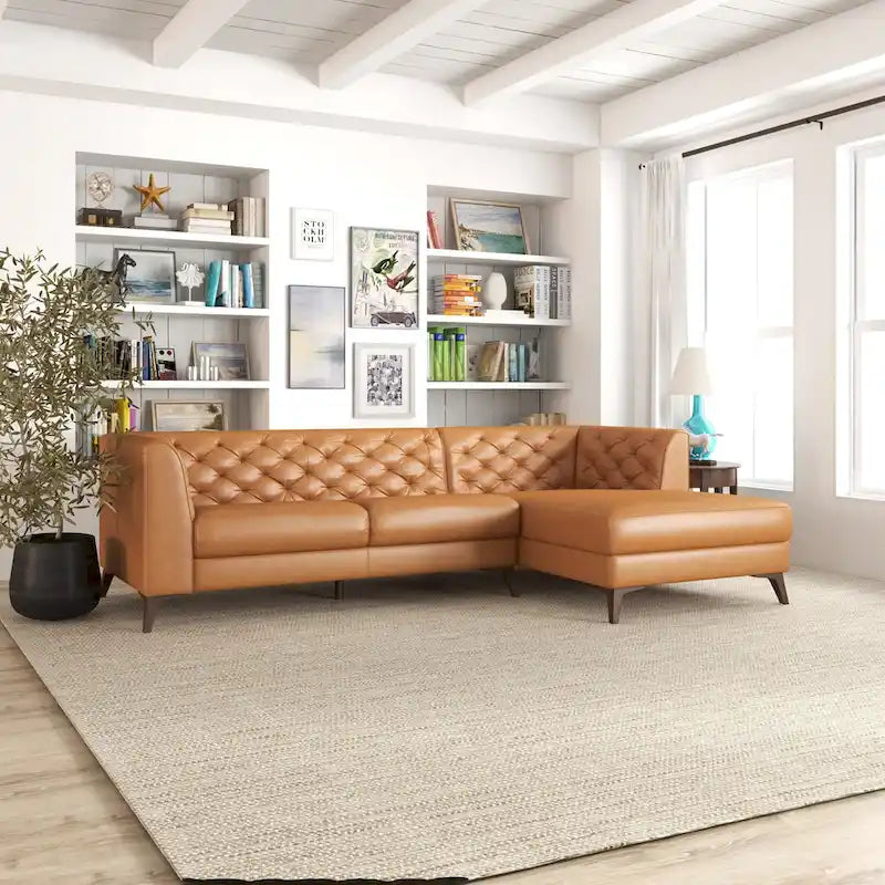 Modern Chesterfield Tufted Living Room Top Leather Corner Sectional Sofa in Cognac Tan