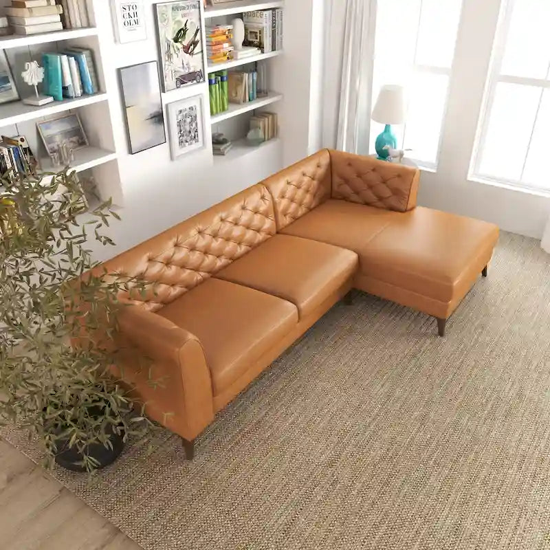 Modern Chesterfield Tufted Living Room Top Leather Corner Sectional Sofa in Cognac Tan