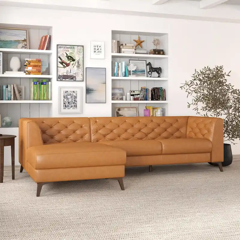 Modern Chesterfield Tufted Living Room Top Leather Corner Sectional Sofa in Cognac Tan