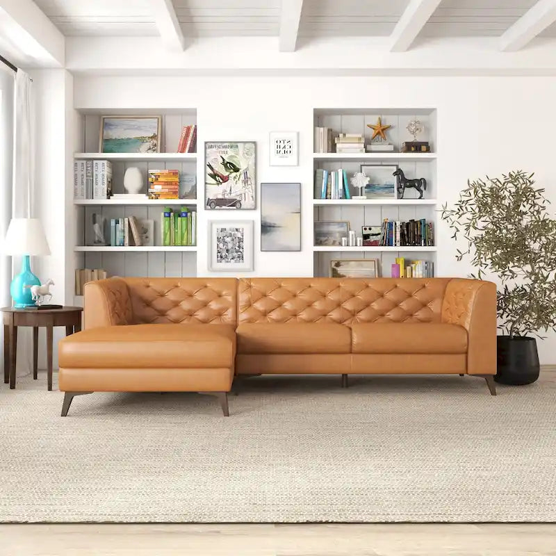 Modern Chesterfield Tufted Living Room Top Leather Corner Sectional Sofa in Cognac Tan