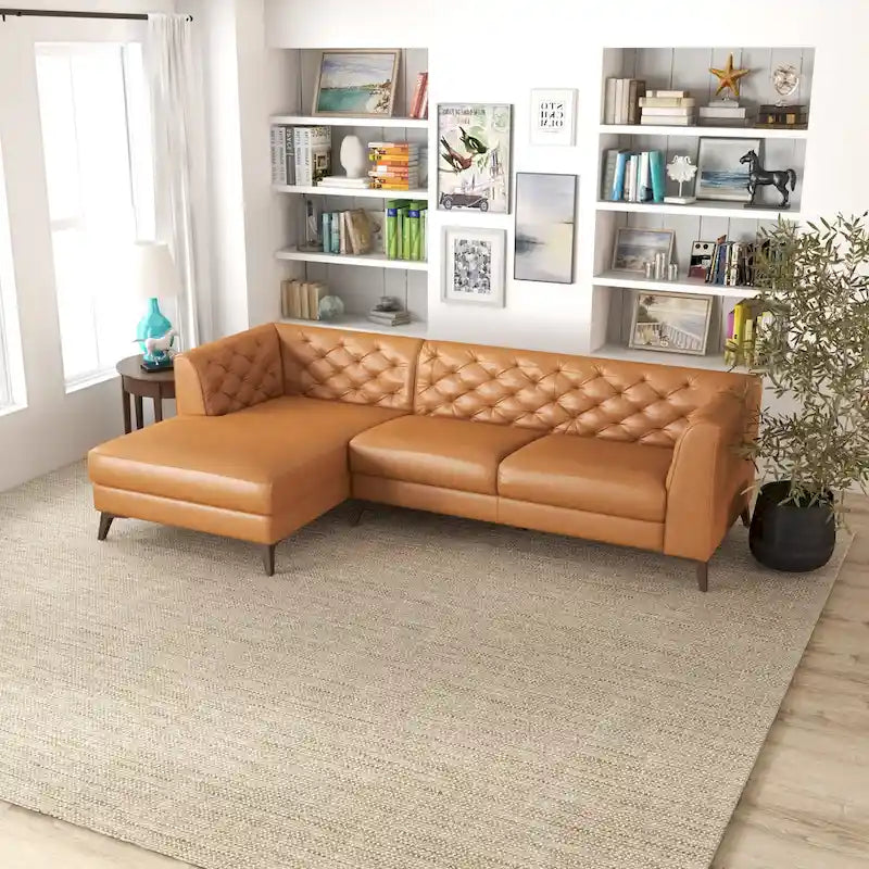 Modern Chesterfield Tufted Living Room Top Leather Corner Sectional Sofa in Cognac Tan