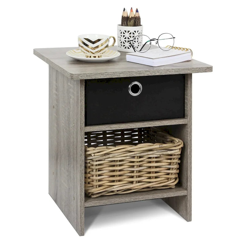 End Table / Night Stand Storage Shelf with Bin Drawer