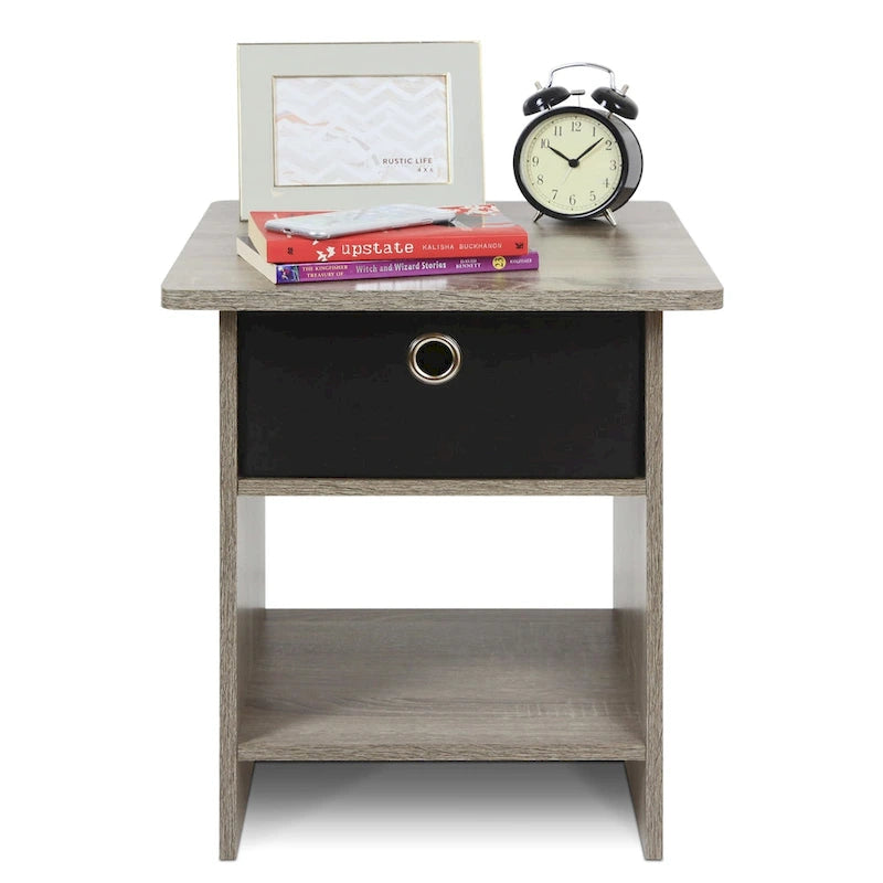 End Table / Night Stand Storage Shelf with Bin Drawer