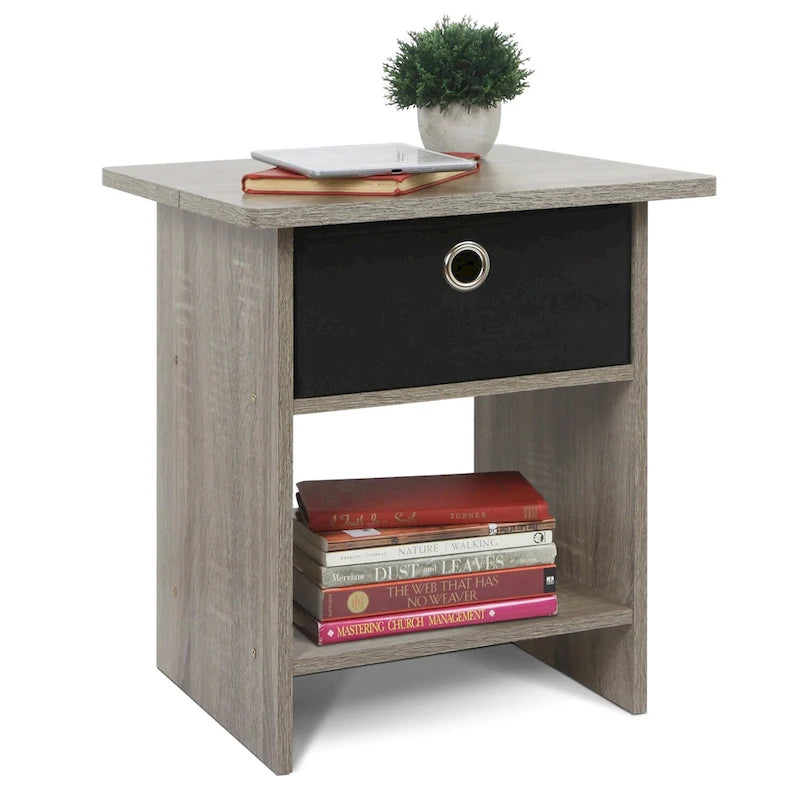 End Table / Night Stand Storage Shelf with Bin Drawer