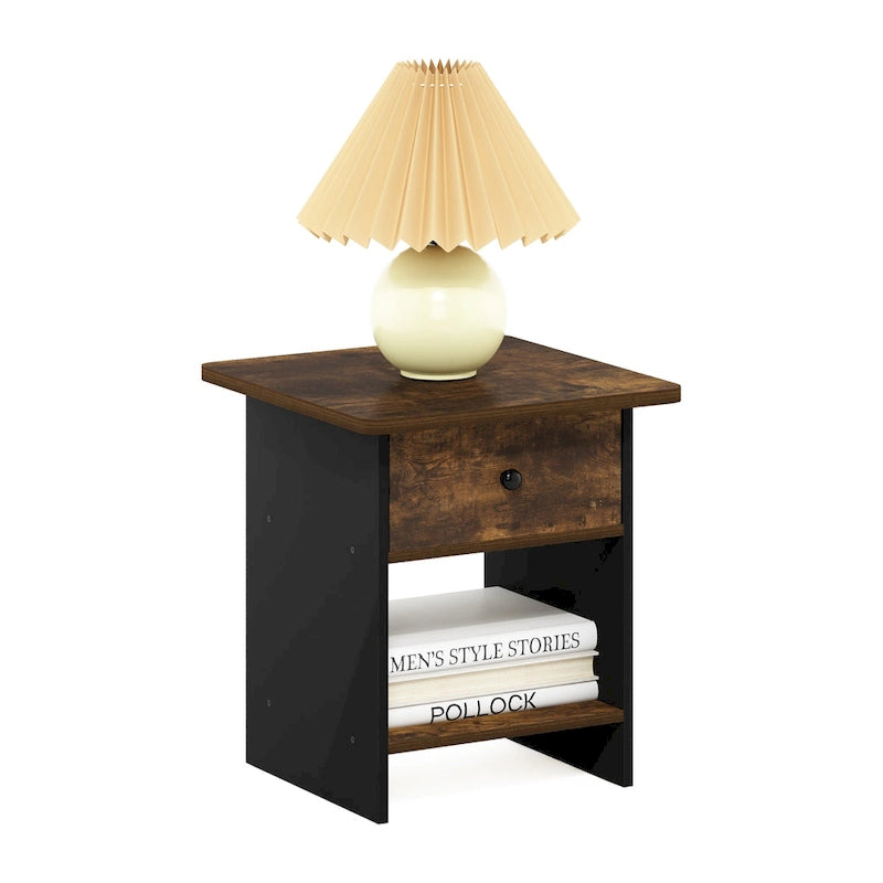 End Table / Night Stand Storage Shelf with Bin Drawer