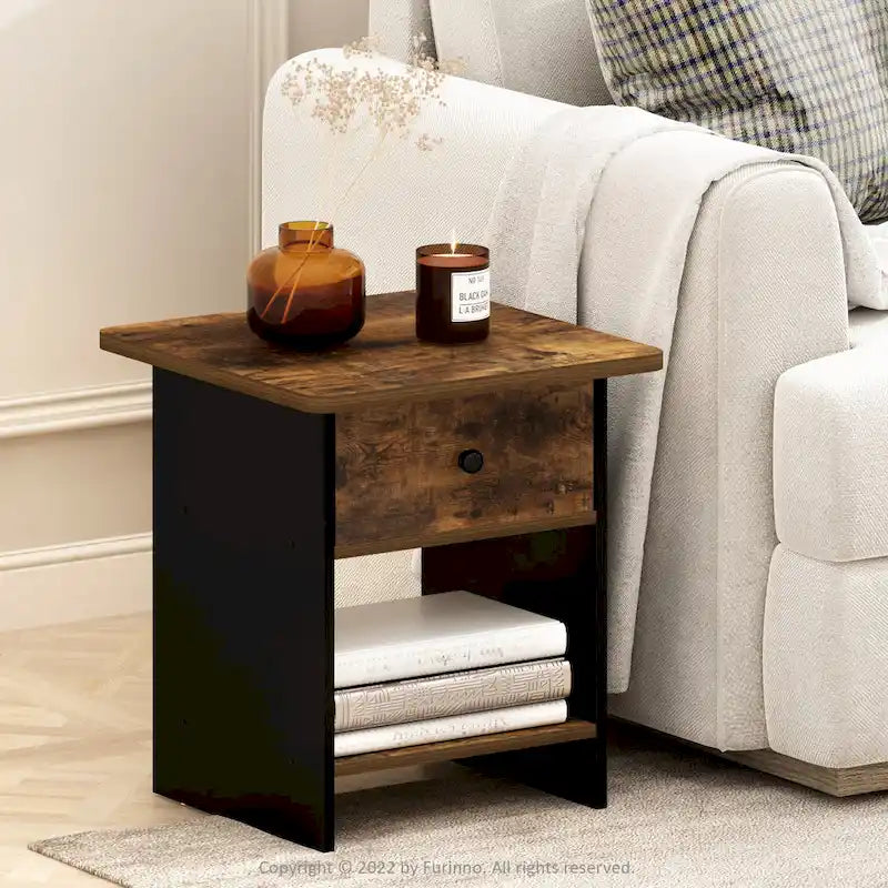 End Table / Night Stand Storage Shelf with Bin Drawer