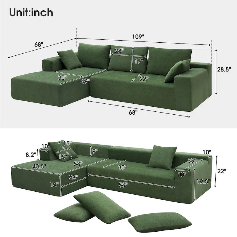 109-inch Green Modular L-shaped Minimalist Upholstered Sectional Sofa Set with Two Pieces Combination - 109W x 68D x 28.5H