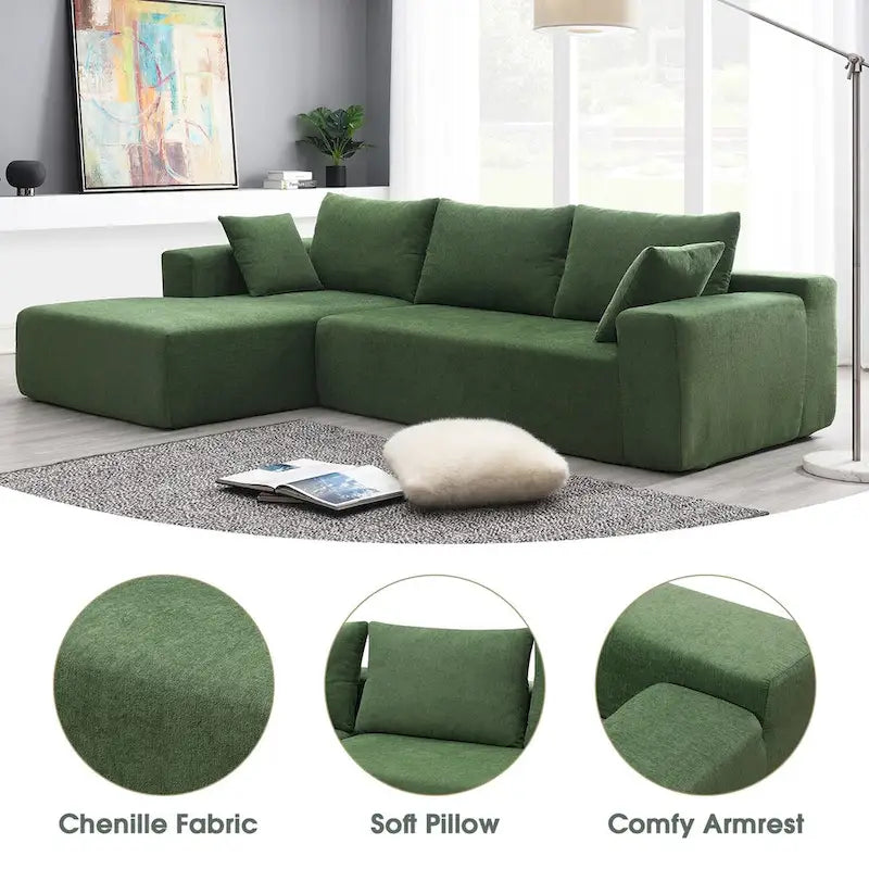 109-inch Green Modular L-shaped Minimalist Upholstered Sectional Sofa Set with Two Pieces Combination - 109W x 68D x 28.5H