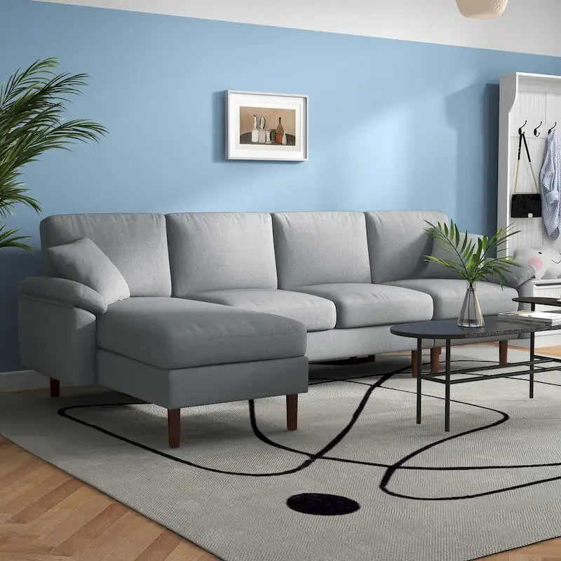 HOMCOM Fabric Sectional Couch with Reversible Sleeper Sofa, Modern L Shaped Sectional Sofa with Pillows, Wooden Legs