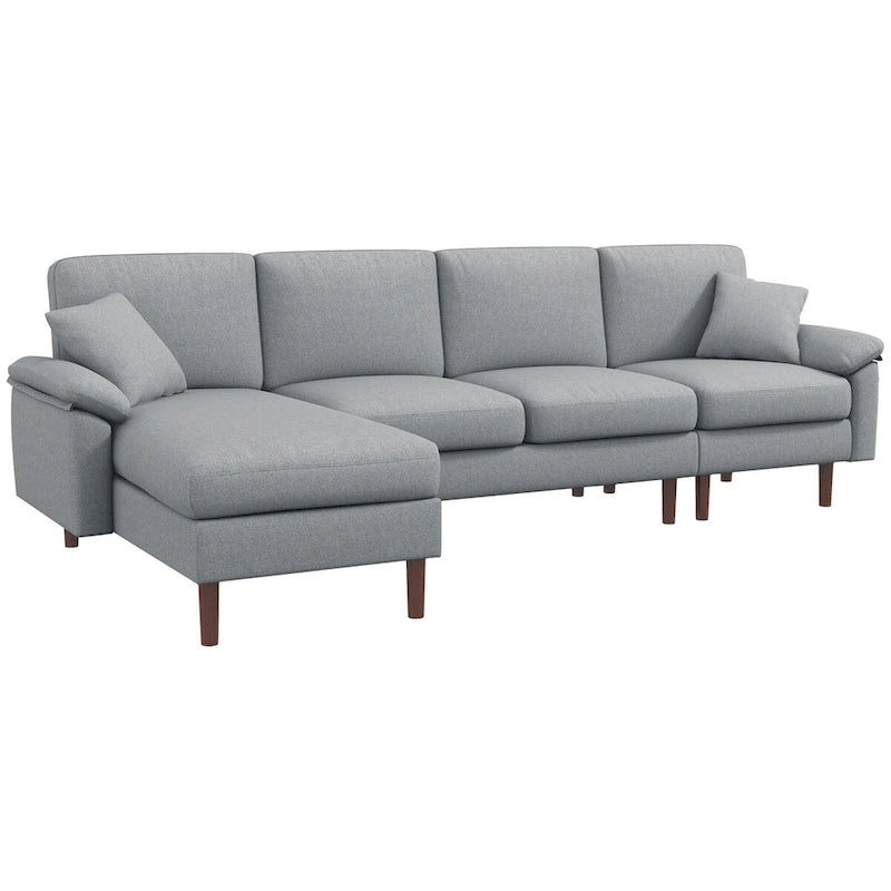 Fabric Sectional Couch with Reversible Sleeper Sofa, Modern L Shaped Sectional Sofa with Pillows, Wooden Legs
