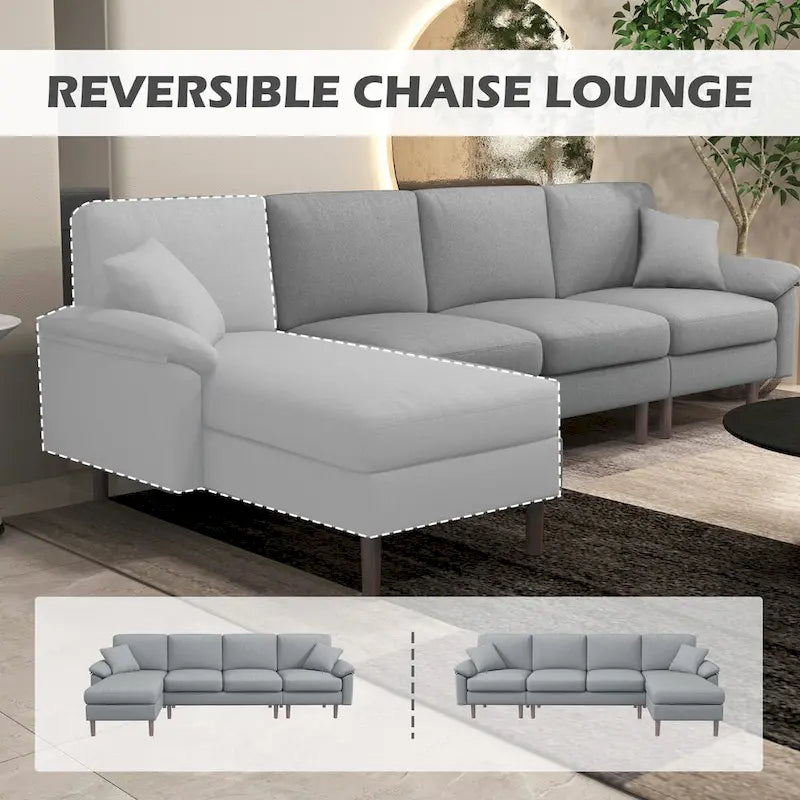 Fabric Sectional Couch with Reversible Sleeper Sofa, Modern L Shaped Sectional Sofa with Pillows, Wooden Legs