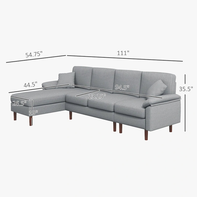 Fabric Sectional Couch with Reversible Sleeper Sofa, Modern L Shaped Sectional Sofa with Pillows, Wooden Legs