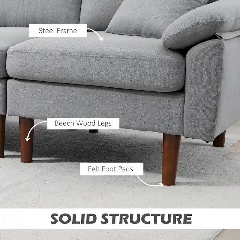 Fabric Sectional Couch with Reversible Sleeper Sofa, Modern L Shaped Sectional Sofa with Pillows, Wooden Legs