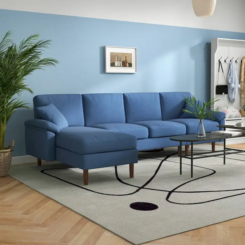 Fabric Sectional Couch with Reversible Sleeper Sofa, Modern L Shaped Sectional Sofa with Pillows, Wooden Legs