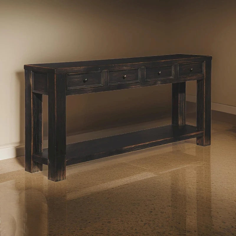 Wooden Sofa Table with Four Drawers and One Shelf, Weathered Black