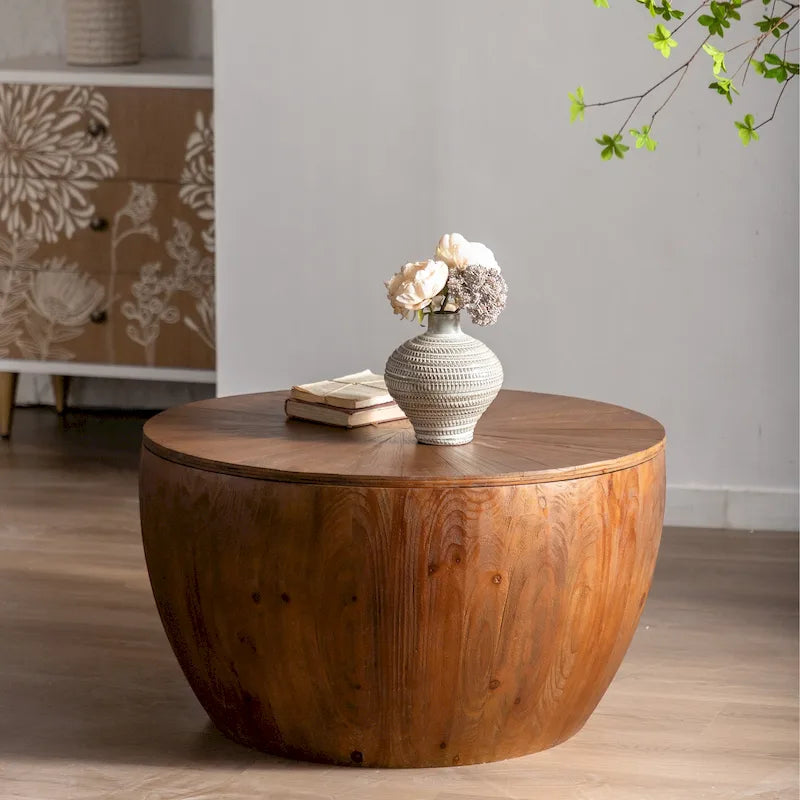 31.50Vintage Style Bucket Shaped Coffee Table with storage function, for Office, Dining Room and Living Room, Brown