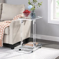 Modern Contemporary C-Shaped Side Table Snack Table with Tempered Glass, Steel and Acrylic Frame, Lockable Casters