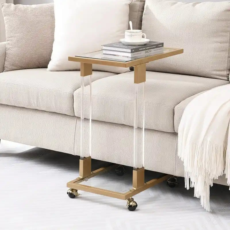Modern Contemporary C-Shaped Side Table Snack Table with Tempered Glass, Steel and Acrylic Frame, Lockable Casters