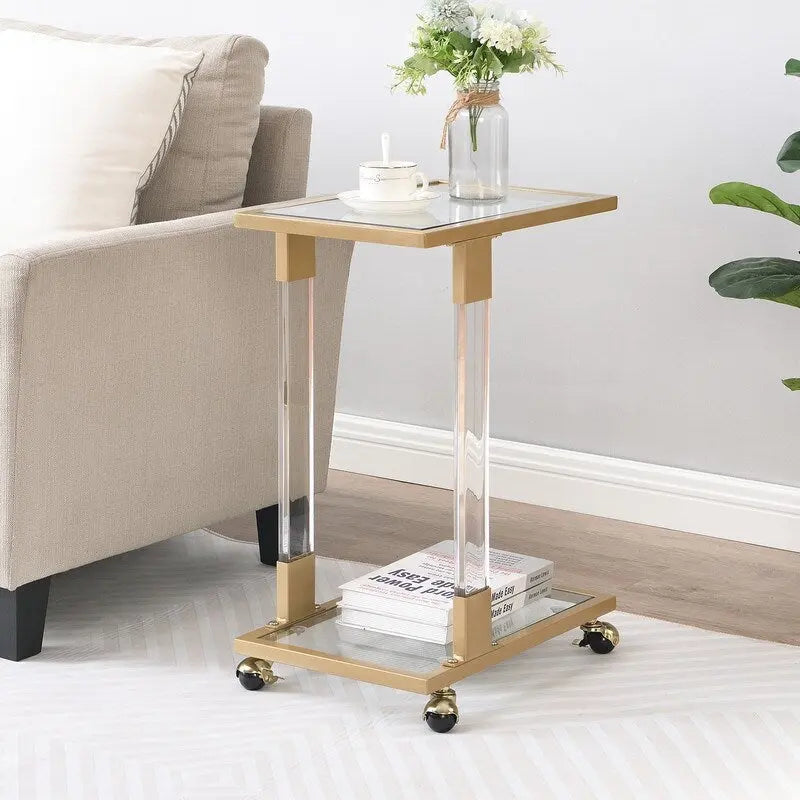 Modern Contemporary C-Shaped Side Table Snack Table with Tempered Glass, Steel and Acrylic Frame, Lockable Casters