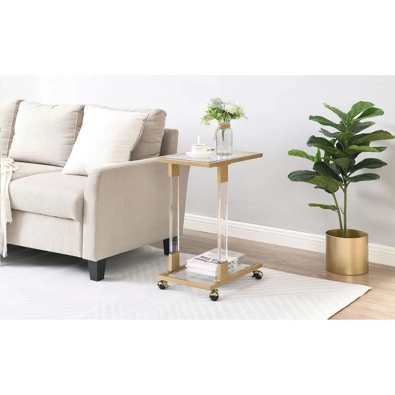 Modern Contemporary C-Shaped Side Table Snack Table with Tempered Glass, Steel and Acrylic Frame, Lockable Casters