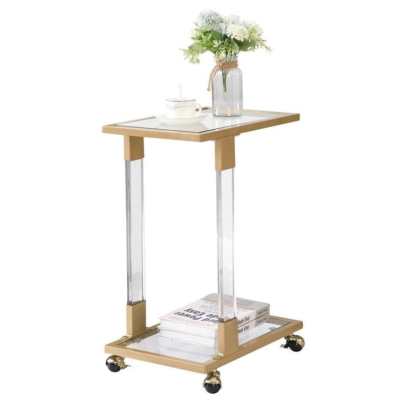 Modern Contemporary C-Shaped Side Table Snack Table with Tempered Glass, Steel and Acrylic Frame, Lockable Casters