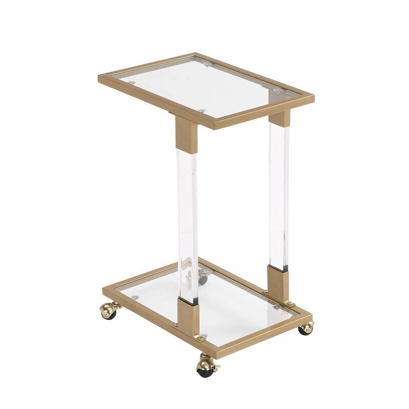 Modern Contemporary C-Shaped Side Table Snack Table with Tempered Glass, Steel and Acrylic Frame, Lockable Casters
