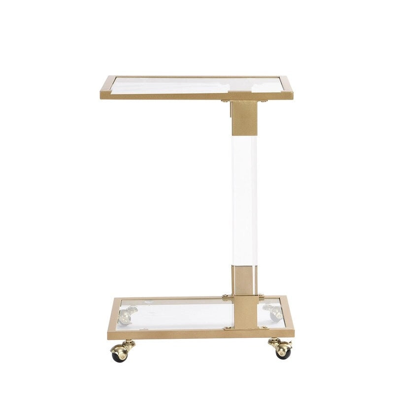 Modern Contemporary C-Shaped Side Table Snack Table with Tempered Glass, Steel and Acrylic Frame, Lockable Casters