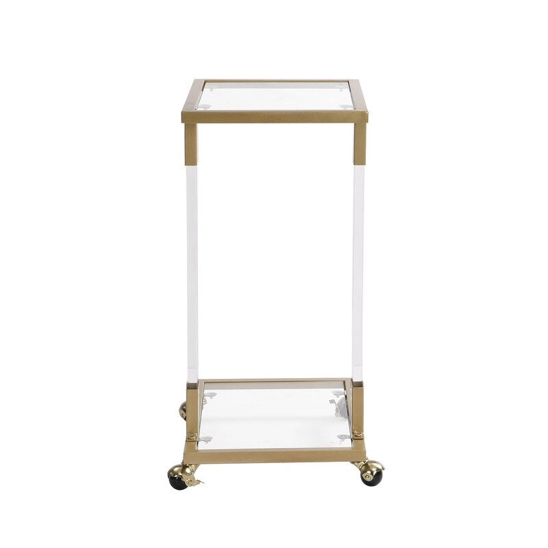 Modern Contemporary C-Shaped Side Table Snack Table with Tempered Glass, Steel and Acrylic Frame, Lockable Casters