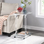 Modern Contemporary C-Shaped Side Table Snack Table with Tempered Glass, Steel and Acrylic Frame, Lockable Casters
