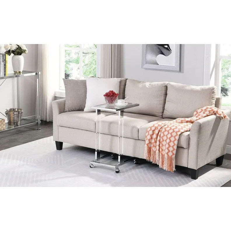 Modern Contemporary C-Shaped Side Table Snack Table with Tempered Glass, Steel and Acrylic Frame, Lockable Casters