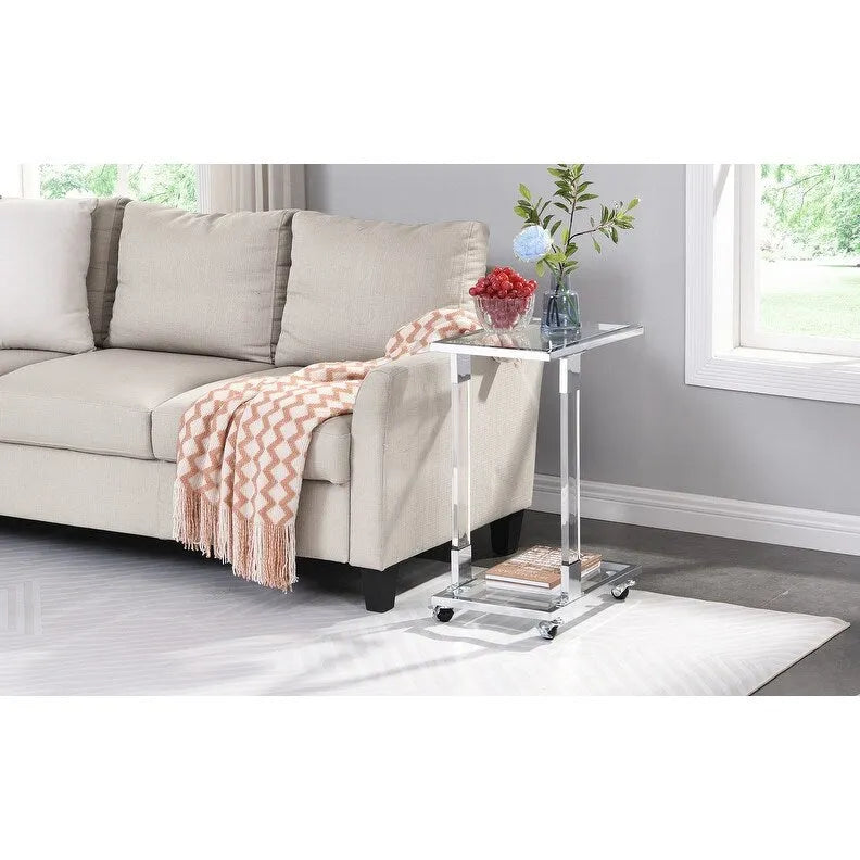 Modern Contemporary C-Shaped Side Table Snack Table with Tempered Glass, Steel and Acrylic Frame, Lockable Casters