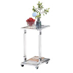 Modern Contemporary C-Shaped Side Table Snack Table with Tempered Glass, Steel and Acrylic Frame, Lockable Casters